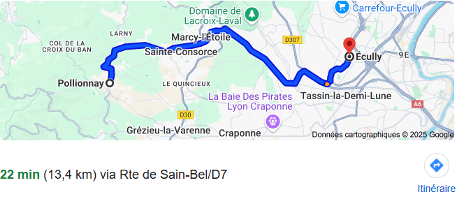 Itineraire magasin de velo Ecully-Pollionnay